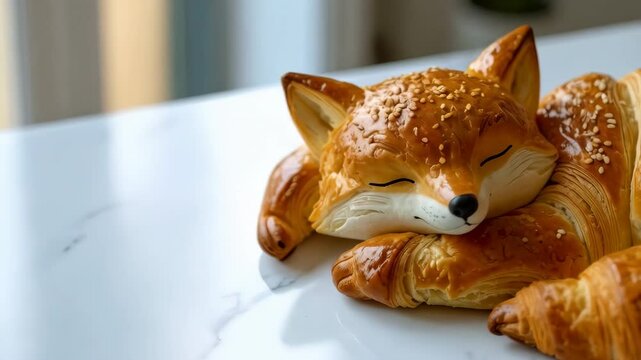 Fox Bread: This is an artistic composition. a cute bread shaped like a fox on a marble surface, depicting food presentation. 