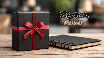 Black gift boxes with red ribbons placed on a notebook and wooden desk create a stylish Black Friday sale template—perfect for posters and social media promotions.