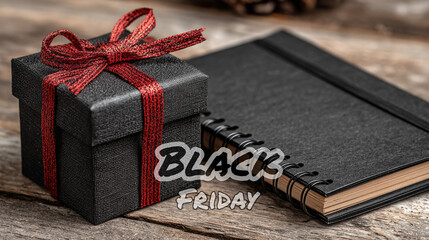 Black gift boxes with red ribbons placed on a notebook and wooden desk create a stylish Black Friday sale template—perfect for posters and social media promotions.