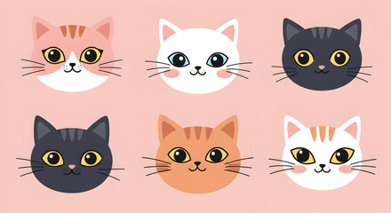 Fototapeta premium Cute Cartoon Cat Faces with Various Colors and Expressions, Vector Illustration