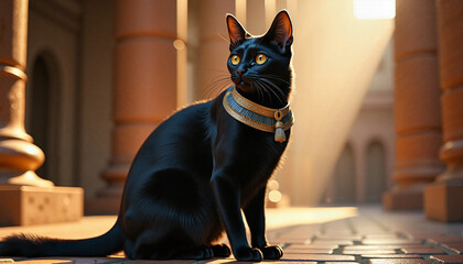Regal Black Cat, elegantly adorned, sitting amidst sun-drenched sandstone columns