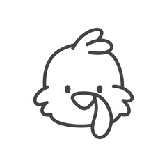 Cute turkey icon. Monochrome hand drawn illustration of bird head on white background. Kawaii Thanksgiving sticker. Vector 10 EPS.