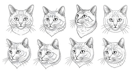 Fototapeta premium Detailed Pen and Ink Drawings of Different Cat Head Portraits