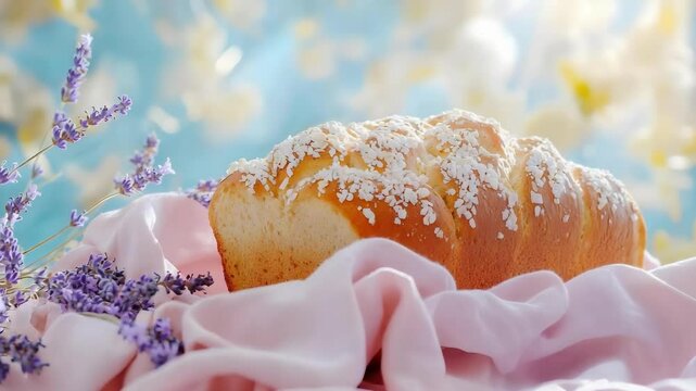 A loaf of bread decorated with white toppings, placed on a soft pink fabric accompanied by lavender flowers.