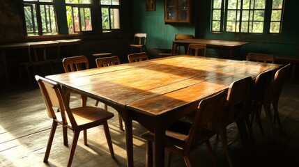 Sunlit Wooden Desk in a Classroom