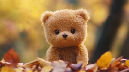 Cute Teddy Bear in Autumn Leaves