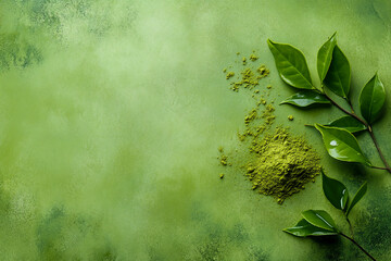Flat lay view of green powder background, with fresh green tea leaves scattered on top, with enough copy space for text or design, natural and organic concept.