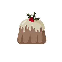 Traditional Christmas pudding with holly decoration on top for festive celebration