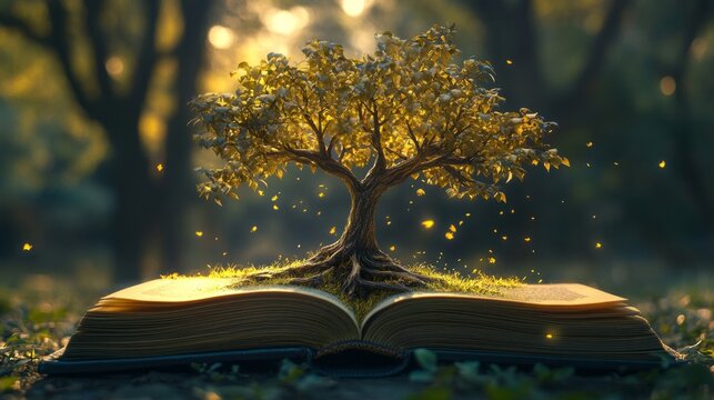 Golden tree sprouting from book--symbol of knowledge, growth, and love for reading.