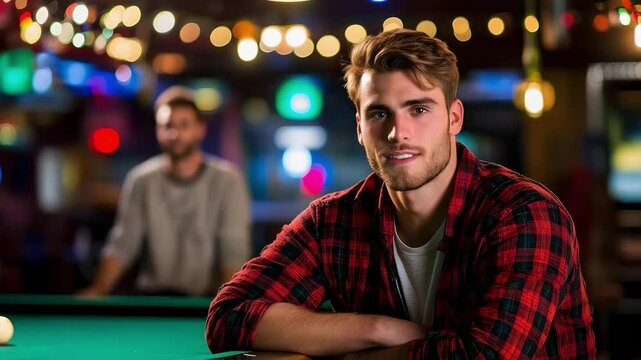 A young man in a plaid shirt smiles at a pool table in a lively, colorful bar setting with blurred background lights.