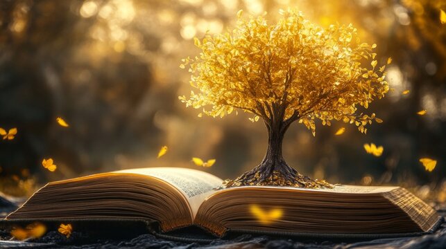 Golden tree sprouting from book--symbol of knowledge, growth, and love for reading.