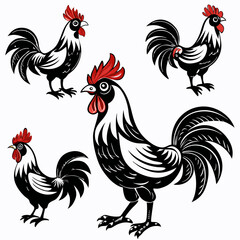 "Set of six black and white vector illustrations of roosters, each in a unique standing pose with detailed feather patterns, prominent tails, and distinct combs. Stylized in a bold, high-contrast wood