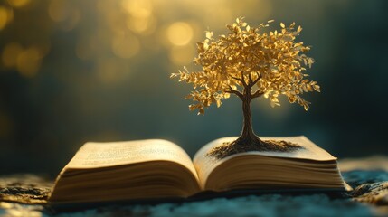 Golden tree sprouting from book--symbol of knowledge, growth, and love for reading.