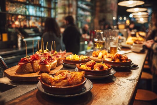 Crowds gather at a vibrant Spanish tapas bar filled with delicious small plates including patatas bravas and jamon iberico. Laughter and chatter echo in the warm atmosphere, inviting all