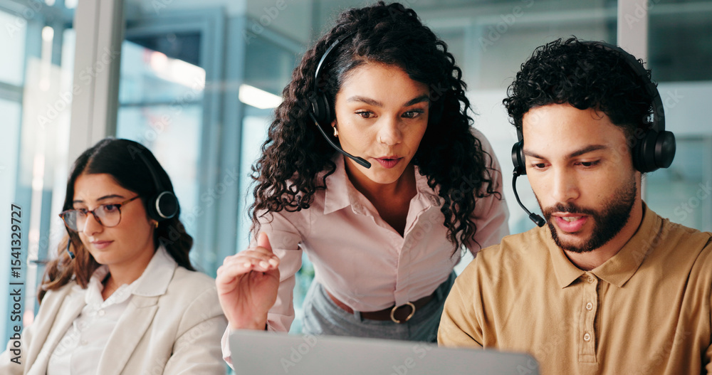 Poster Computer, call center and teaching team with mentor for help, technical assistance or IT advice. Laptop, contact us and coaching intern for customer service, training or software feedback with people