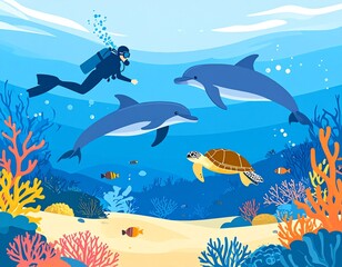 Fototapeta premium A scuba diver swimming alongside dolphins and sea turtles in a coral reef.
