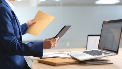 Businesswoman reviewing documents and using digital tablet in modern office setting