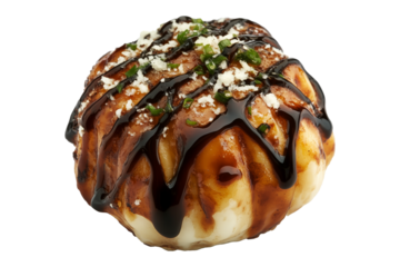 Japanese takoyaki ball topped with thick sauce, green onions, and bonito flakes, isolated on white transparent background, concept of street food