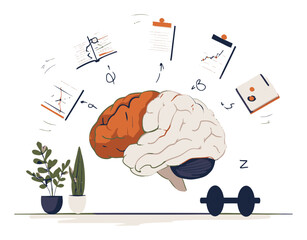 Creative Cartoon Illustration of Brain with Fitness and Productivity Elements