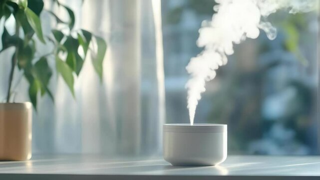 A white aroma diffuser releasing steam, placed on a table with a blurred background of plants and soft light.