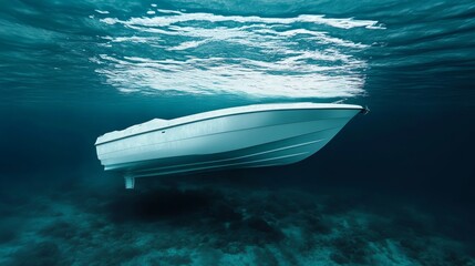 Large white boat slowly sinking underwater--modern maritime accident visual. 