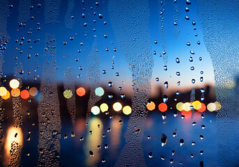 雨の日の窓ガラスの夜景