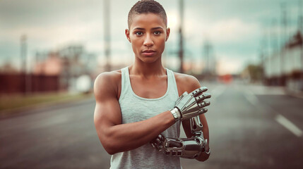 muscular veteran woman with a bionic prosthetic arm standing confidently in a modern urban alleyway, wearing a sleeveless t shirt, representing strength, technology, and inclusion.