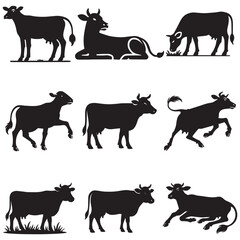 collection of cute cow silhouette clipart, black and white cow domestical animal illustration, Funny cow Farm Animal lover design sublimation
