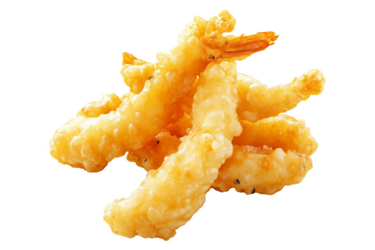Deep fried shrimps tempura in golden batter, isolated on white transparent background, concept of Japanese cuisine delicacy