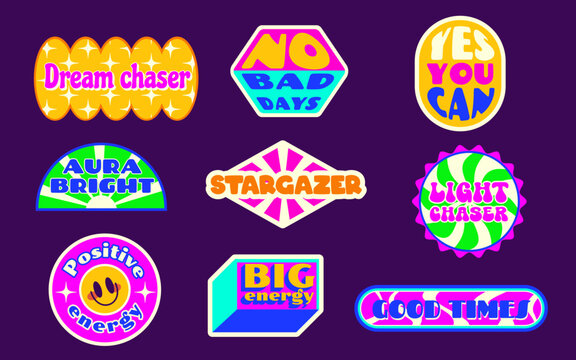 Naklejki Y2k sticker shape collection on purple background - bright neon badges with motivational text in retro geometric forms. Vibrant 2000s aesthetic labels for nostalgic digital designs and scrapbooking.