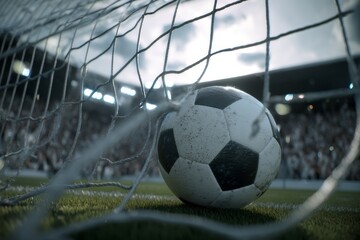 A soccer ball is rolling into the goal while fans in the background celebrate enthusiastically during a thrilling match at a stadium. The atmosphere is filled with excitement