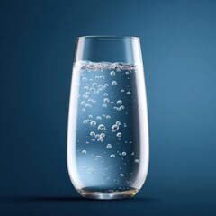 Tall glass filled with clear sparkling water containing bubbles on a solid blue background