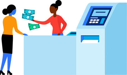 Create a Cash withdrawal set. Customer in bank office near cash department window give money deposit to bank teller and get banknotes from ATM. Payments concept. vector art with white background.