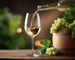 White wine is being poured from a bottle into a glass next to grapes in a wooden barrel on a wooden table
