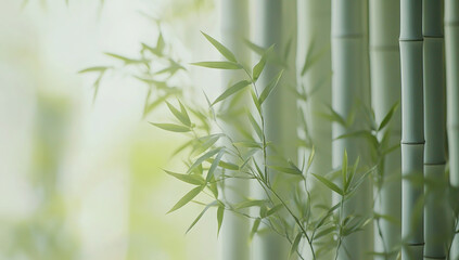Fototapeta premium Bamboo Shoots and Leaves Against White Bamboo Panel with Soft Green Landscape Blur