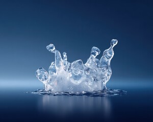 Water splash with droplets and ripples against a dark blue background ice like texture glistens under lighting