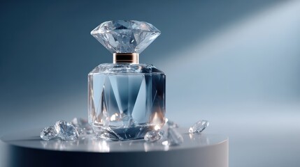 A faceted crystal perfume bottle with diamond shaped stopper accompanied by loose gems presented on a glossy pedestal