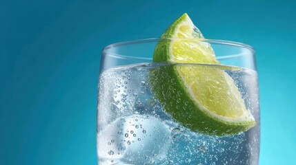 Close up view of a glass with sparkling water ice cubes and a lime wedge against a blue background