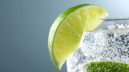 Close up view of a clear glass filled with bubbly water decorated with a slice of lime against a gray background