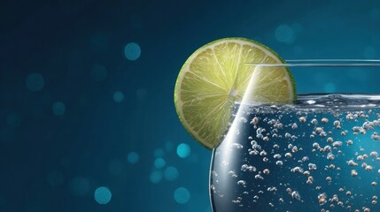 Glass of sparkling water with a slice of lime against a dark blue background featuring numerous bubbles and bokeh effect