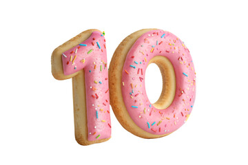 Donut cake number 10 Ten with meses sprinkled on top of the donut on a transparent background