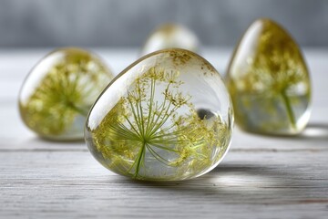 Four clear resin egg shapes feature preserved Queen Anne's Lace flowers on a white wooden table shallow depth of field