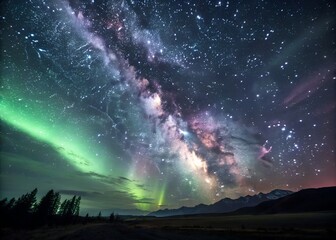 The view of the galaxy from the top of the hill that seems to glow in the dark sky, and the swirling aurora rays with thousands of stars scattered across the sky.