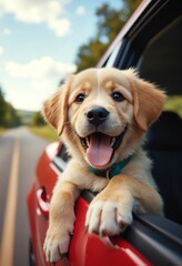 Happy Puppy Joyfully Sticking Its Head Out of a Car Window on a Road Trip Adventure in Nature