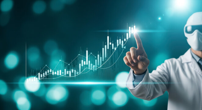 Doctor in White Coat Touching Futuristic Data Chart with Glowing Light and Blurry Background