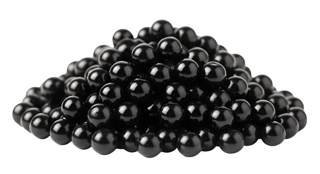 Black tapioca pearls for bubble tea ingredients boba balls dessert food drink sweet round shiny delicious heap on transparent background