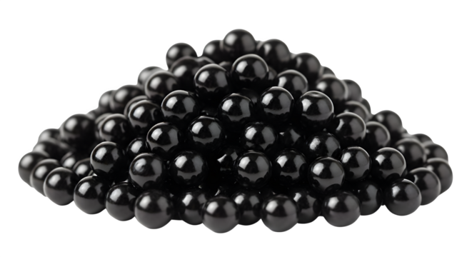 Black tapioca pearls for bubble tea ingredients boba balls dessert food drink sweet round shiny delicious heap on transparent background