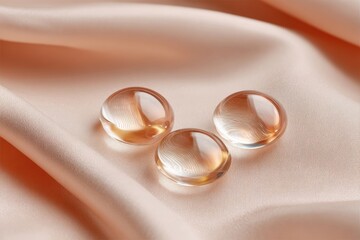 Three clear gel beads are arranged on a textured soft peach silk fabric creating a simple and elegant visual composition