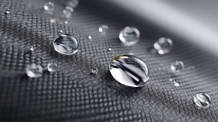 Water droplets cling to the surface of a textured gray material displaying reflections and refractions with clear detail