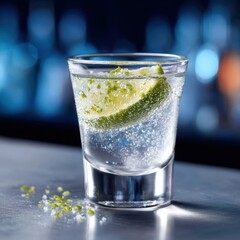 Glass shot filled with a clear bubbling liquid and a lime wedge salt and lime zest are scattered on a reflective surface
